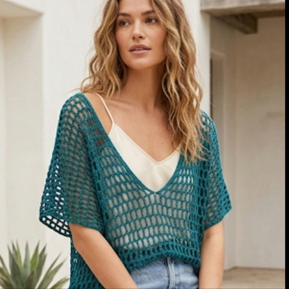 Johnny Was Pete & Greta Teal Fishnet Crochet Open Knit Top XS